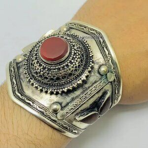 Single Handmade Kuchi Carnelian Cuff Bracelet: Adjustable Boho Festival Jewelry